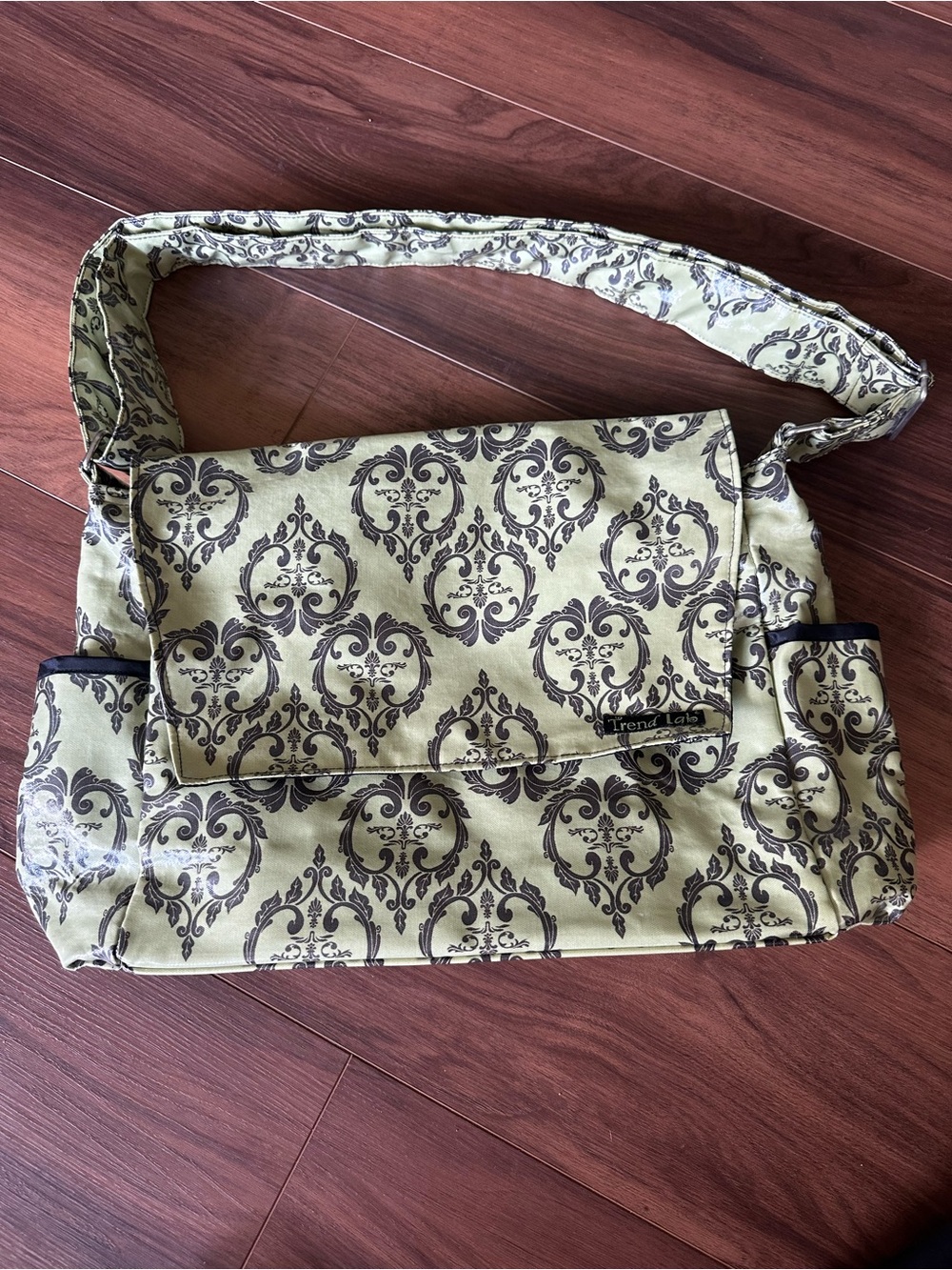 Trend Lab Damask Messenger Diaper Bag Sage Green Gray Crossbody Multi Pocket